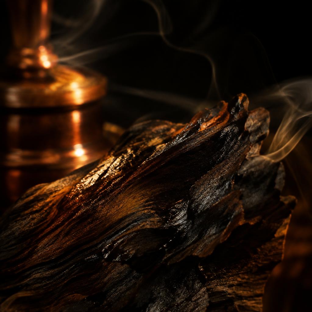 Dark agarwood lit by amber light